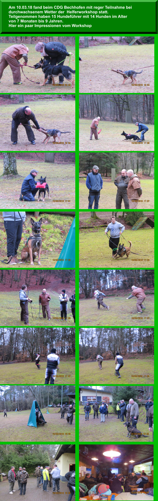 Am 10.03.18 fand beim CDG Bechhofen mit reger Teilnahme bei  durchwachsenem Wetter der  Helferworkshop statt.  Teilgenommen haben 15 Hundeführer mit 14 Hunden im Alter  von 7 Monaten bis 9 Jahren. Hier ein paar Impressionen vom Workshop